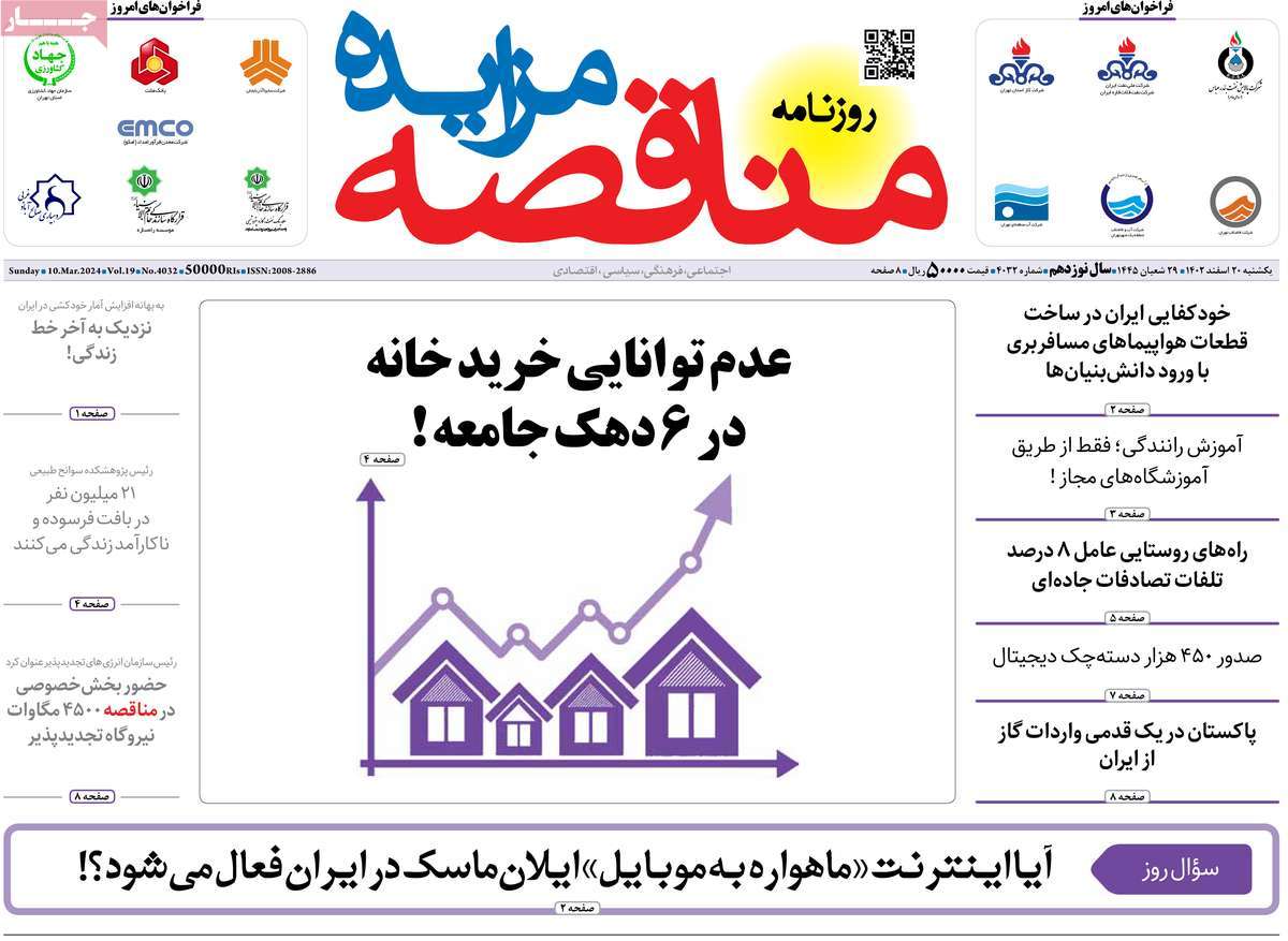 روزنامه های روز یکشنبه مورخ 20-12-1402 18